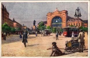 1923 Budapest VII. Keleti pályaudvar, vasútállomás, Baross Gábor szobor, villamos, kutyavontatású szekérrel. B.K.W.I. S. 280/9. s: Götchinger