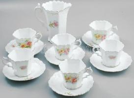 Antik bécsi fajansz teás-kávés készlet. Matricás, jelzett, kis kopással. Kiöntő 14 cm + 6 db csésze, aljjal