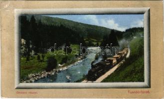 Tusnádfürdő, Baile Tusnad; Olt-menti részlet, gőzmozdony, iparvasút, tehervonat, vasút. Brunner Lajoskiadása / Olt riverside, industrial railway, freight train, locomotive (r)