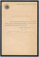 1916 Bp., báró taktaharkányi Harkányi János (1859-1938) kereskedelemügyi miniszter autográf aláírása gépelt köszönő levelén, "Kereskedelemügyi M. K. Minister" fejléces levélpapíron