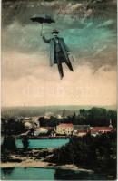 1910 Pöstyén, Piestany; Heimkehr nach beendeter Cur aus Pöstyén / Pöstyénből utazás fürdő után - montázs esernyős repülő úrral / Montage with gentleman flying with an umbrella (ázott sarok / wet corner)