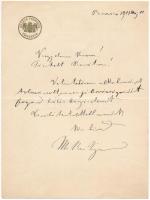 1917 Brassó, gróf Mikes Zsigmond (1867-1951) cs. és kir. hadnagy, főrendiházi tag, Brassó vármegye főispánja autográf köszönő levele, aláírásával, dombornyomott fejléces papíron, középen hajtásnyommal