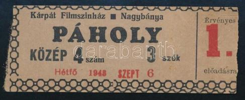 1943 Nagybánya (Baia Mare, Erdély) a Kárpát moziba szóló belépőjegy. A Legény a gáton c. filmre