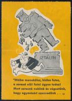 1956 Rákosi Mátyást is eltemeti a ledöntött Sztálin szobor, gúnyrajzos korabeli matrica, 7x11 cm