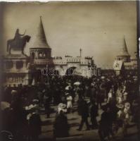1905 Budapest, látványos üveg diák gyűjteménye: A Halászbástya a megnyitás után, Vár,, látkép a Várb...