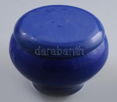 Antik zománcozott öntöttvas fedeles tárolóedény. Kopásokkal, d: 15 cm, m: 10,5 cm