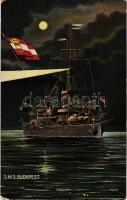 1909 SMS Budapest az Osztrák-Magyar Haditengerészet Monarch-osztályú partvédő páncélosa éjjel / K.u.K. Kriegsmarine / Austro-Hungarian Navy SMS Budapest Monarch-class coastal defense ship, at night, naval flag. G. Fano, Pola 1908-9. No. 26. (r)