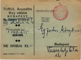 1943 Turul Áruszállító Boy vállalat reklámja. Budapest, Károly királyút 7. (EB)