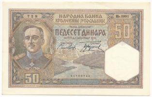 Jugoszlávia 1931. 50D "728 0991" T:AU jobb felső sarokban nagyobb sarokhajlás Yugoslavia 1931. 50 Dinara "728 0991" C:AU fold at the upper-right corner Krause 28.