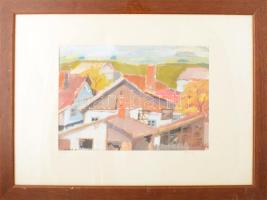 Pálinkó jelzéssel (Pálinkó István?): Faluvége, 1994. Tempera, papír. Jelzett. Üvegezett fakeretben, ...