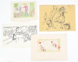 Szegő Gizi (1902-1985): 4 db karikatúra. Vegyes technika, papír, jelzett, mindegyik hátoldalán "Ludas Matyi Szerkesztősége" bélyegzővel, feliratozva, 12x15 és 16x21 cm közötti méretben