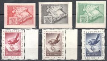 1951 Bélyegkiállítás Budapest 3 klf fogazott + 3 klf vágott levélzáró