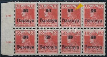 Baranya I. 1919 Károly 10f ívszéli 8-as tömb, egy bélyegen eltömődött 9-es az 1919 évszámban, Bodor vizsgálójellel