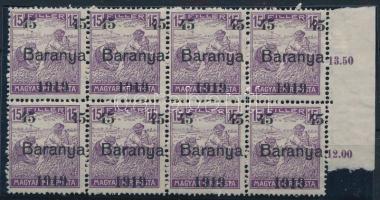 Baranya I. 1919 Arató 45/15f ívszéli 8-as tömbben eltolódott felülnyomással, Bodor vizsgálójellel