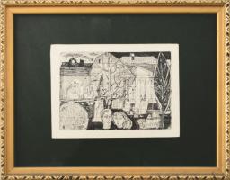 Józsa János (1936-2016): Kollégium. Rézkarc, papír. Jelzett a karcon. Üvegezett fakeretben, 10x15 cm