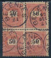 1889 50kr négyestömb típusösszefüggéssel, az alsó 2 bélyegen vésésjavítással, ritka