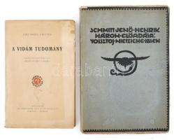 2 db könyv - Nietzsche Frigyes: A vidám tudomány. Bp., 1919. + Schmitt Jenő Henrik három előadása: Tolsztoj, Nitzsche, Ibsen. Kiadói papírkötés, kopottas állapotban.