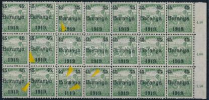Baranya I. 1919 Arató 45/5f ívszéli 21-es tömb, benne a Baranya szó B betűjének egyforma méretű az alsó és felső része, hiányos Y és törött B, hiányos évszám, Bodor vizsgálójellel (két bélyegen gumihiba / 2 stamps with gum disturbance)