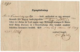 Miskolc 1849. Névre szóló "Nyugtatvány" 138Ft összegről, amelyet a hatóságok az 1848-49-es szabadságharc leverése után, a lakosságtól begyűjtött Kossuth-bankók ellenében állítottak ki. Az Adamovszky Speciál Bankjegykatalógusban nem szerepel! "Nyugtatvány. Szazharmincznyolcz frt - król mellyeket az úgy nevezett Kossuth féle magyar bank-jegyekbe Mogyorosi Imre Cs. ref. lelkész folyó évi Julius hó 1-ső napján nagy Méltóságú országos fő Biztos Gróf Zichy Ferencz úr ő Excellentziája által kiadott rendelet folytában kezemhez beadott. Költ Miskolcz Nov 21 1849. Megbízott beszedő Kis Gábor". Többször hajtott, de erős papír. Hungary / Miskolc 1849. "Nyugtatvány" Personal receipt for the amount of 138 Forint, which was issued by the authorities for Kossuth banknotes collected from the population after the suppression of the 1848-49 War of Independence. Not listed in the Adamovszky Special Banknote Catalogue! Folded several times, but strong paper.