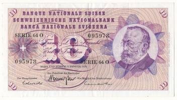 Svájc 1970. 10Fr "Galli - Leutwiler - Aebersold", "64 O 095978" T:F Switzerland 1970. 10 Francs "Galli - Leutwiler - Aebersold" "64 O 095978" C:F Krause 45p.45