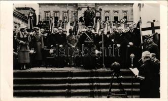 1938 Komárom, Komárnó; bevonulás, Horthy Miklós, Purgly Magdolna, Imrédy Béla, Teleki Pál / entry of the Hungarian troops + "1938 Komárom visszatért" So. Stpl. (EK)