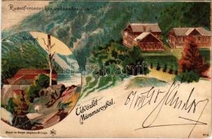 1898 (Vorläufer) Erdészvölgy, Kuzij (Lonka, Luh; Tisza-völgy, Máramaros); Rudolf trónörökös vadászkastélya, vízfogó. Üdvözlet Máramarosból! Mayer és Berger kiadása / Greetings from Maramures! Hunting castle, dam. Art Nouveau, litho (szakadás / tear)