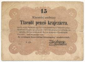 1849. 15kr "Kossuth Bankó" sajtóhiba, vessző a "Budán" után T:F-VG, kereszthajtásnál elvékonyodott papír Adamo G102