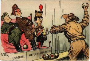 L'Ultima palla. Mussolini, Hitler, Hirohito. / Az utolsó labda / The last ball, WWII military mocking propaganda, caricature s: Willfor (EK)