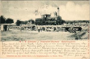 1900 Cs. és kir. vasúti és távirati ezred terhelési próbája, gőzmozdony, vonat / K.u.K. Eisenbahn- und Telegraphen Regiment, Belastungsprobe.Verlag R. Roesser No. 21. / Austro-Hungarian Railway and Telegraphy Regiment, bridge test with locomotive, train (EK)