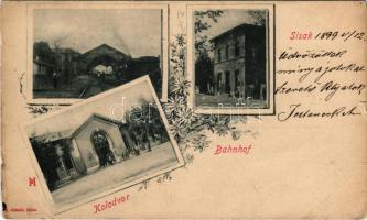 1899 (Vorläufer) Sziszek, Sisak; Kolodvor. S. Jünker / Bahnhof / pályaudvar, vasútállomás, gőzmozdony / railway station with locomotive. Art Nouveau, floral (szakadások / tears)