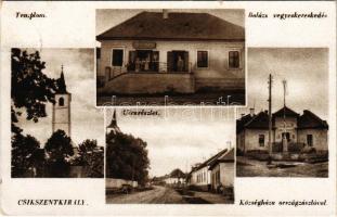 1943 Csíkszentkirály, Heilkönig, Sancraieni; templom, utca, Balázs üzlete, Községháza Országzászlóval / church, street, shop, town hall, Hungarian flag (kis szakadás / small tear)