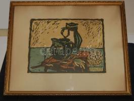 Kádár György: Csendélet, szignált, színes linómetszet keretben, 43x53 cm