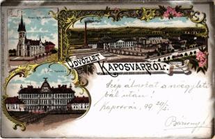 1899 (Vorläufer) Kaposvár, római katolikus templom, új állami főgimnázium, cukorgyár. Gerő Zsigmond kiadása No. 1556. Art Nouveau, floral, litho (EM)