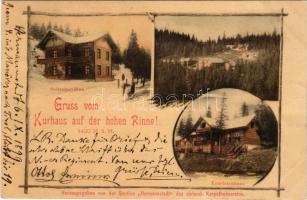 1899 (Vorläufer) Szebenjuharos, Hohe Rinne, Paltinis; Gruss vom Kurhaus auf der hohen Rinne! 1420 M. ü. M. Seitenpavillon, Touristenhaus. Herausgegeben von der Section "Hermannstadt" des siebenb. Karpathenvereins / Oldalsó pavilon, gyógyház, Turistaház télen / pavilion, spa, tourist house in winter. Art Nouveau (vágott / cut)