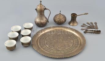 Keleti kávéskészlet. Komplett. Réz, porcelán betéttel. Jelzett