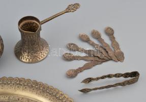 Keleti kávéskészlet. Komplett. Réz, porcelán betéttel. Jelzett