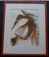 1963 Wifredo Lam (1902-1982): Szürrealisztikus témájú, geometrikus kompozíciójú litográfia keretben, 32x39 cm