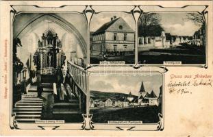 1910 Erked, Arkeden, Archita; Evang. Volksschule, Krevelgasse, inneres d. evang. Kirche, Kirchkastell mit Marktplatz. Photograph Atelier Szabó (Schaessburg) / evangélikus népiskola, evangélikus templom belső, vártemplom, piactér / school, street, church interior, castle, market square. Art Nouveau (fl)