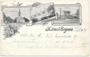 1898 (Vorläufer) Boksánbánya, Románbogsán, Németbogsán, Deutsch-Bogsan, Bocsa Montana; Röm. kath. Kirche, Kolczán, Hochofen / Római katolikus templom, Kolcán mészkőbánya, vasútállomás, vonat, nagyolvasztó kemence / Catholic church, lime quarry, lime burning plant, railway station, train, blast furnace. Art Nouveau, floral (szakadás / tear)