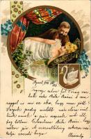 1900 Szerelmes pár / Couple in love. Art Nouveau, floral, litho (EK)
