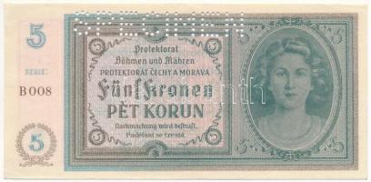 Német Harmadik Birodalom / Cseh-Morva Protektorátus DN (1940) 5K "B008", "SPECIMEN (MINTA)" perforációval T:AU sarokhajlás / German Third Reich / Protectorate of Bohemia and Moravia ND (1940) 5 Korun "B008" with "SPECIMEN" perforation C:AU corner fold Krause 4.s