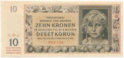Német Harmadik Birodalom / Cseh-Morva Protektorátus 1942. 10K "08 A 602106", "SPECIMEN (MINTA)" perforációval T:AU sarokhajlás / German Third Reich / Protectorate of Bohemia and Moravia 1942. 10 Korun "08 A 602106" with "SPECIMEN" perforation C:AU corner fold Krause 8.s