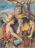 Kádár Béla jelzéssel: Tere-fere. Akvarell, papír. 25,5x18 cm. Dekoratív, üvegezett fakeretben.