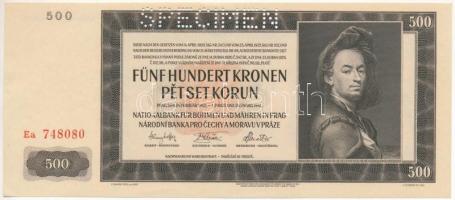 Német Harmadik Birodalom / Cseh-Morva Protektorátus 1942. 500K "Ea 748080", "SPECIMEN (MINTA)" perforációval T:AU / German Third Reich / Protectorate of Bohemia and Moravia 1942. 500 Korun "Ea 748080" with "SPECIMEN" perforation C:AU Krause 11.s