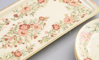 Zsolnay bambusz mintás süteményes készlet, jelzett, tálca h: 41 cm, tálak d: 17,5 cm