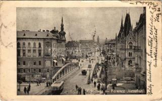 1940 Kolozsvár, Cluj; Ferenc József út, híd, autóbuszok. "Kolozsvár hazatért 1940. szeptember 11-én" hátoldalon visszatért bélyegzés és magyar zászló / street, bridge, autobuses, entry of the Hungarian troops (EK)