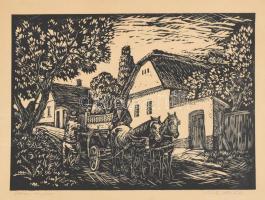 Réti Mátyás (1922-2002): Utcán. Linómetszet, papír. Jelzett, számozott: 100/100 , kartonra ragasztva...