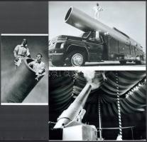 cca 1960 "Modern Münchausen báró ? az ágyúcsőből kilőtt ember, mint cirkuszi mutatvány", 3 db modern nagyítás, jelzés nélkül, 15x21 cm és 15x10 cm