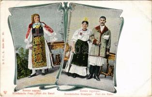 Román asszony és jegyespár Bánságból / Rumänisches Brautpaar / Romanian folklore from Banat, couple. Art Nouveau (EK)