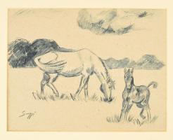 Olvashatatlan jelzéssel: Kanca csikójával. Vegyes technika, papír, paszpartuban. 23x30 cm